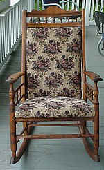 This rocker  required stripping, disassembly and tightening of all the joints, refinishing with linseed oil and upholstery for the seat and back.